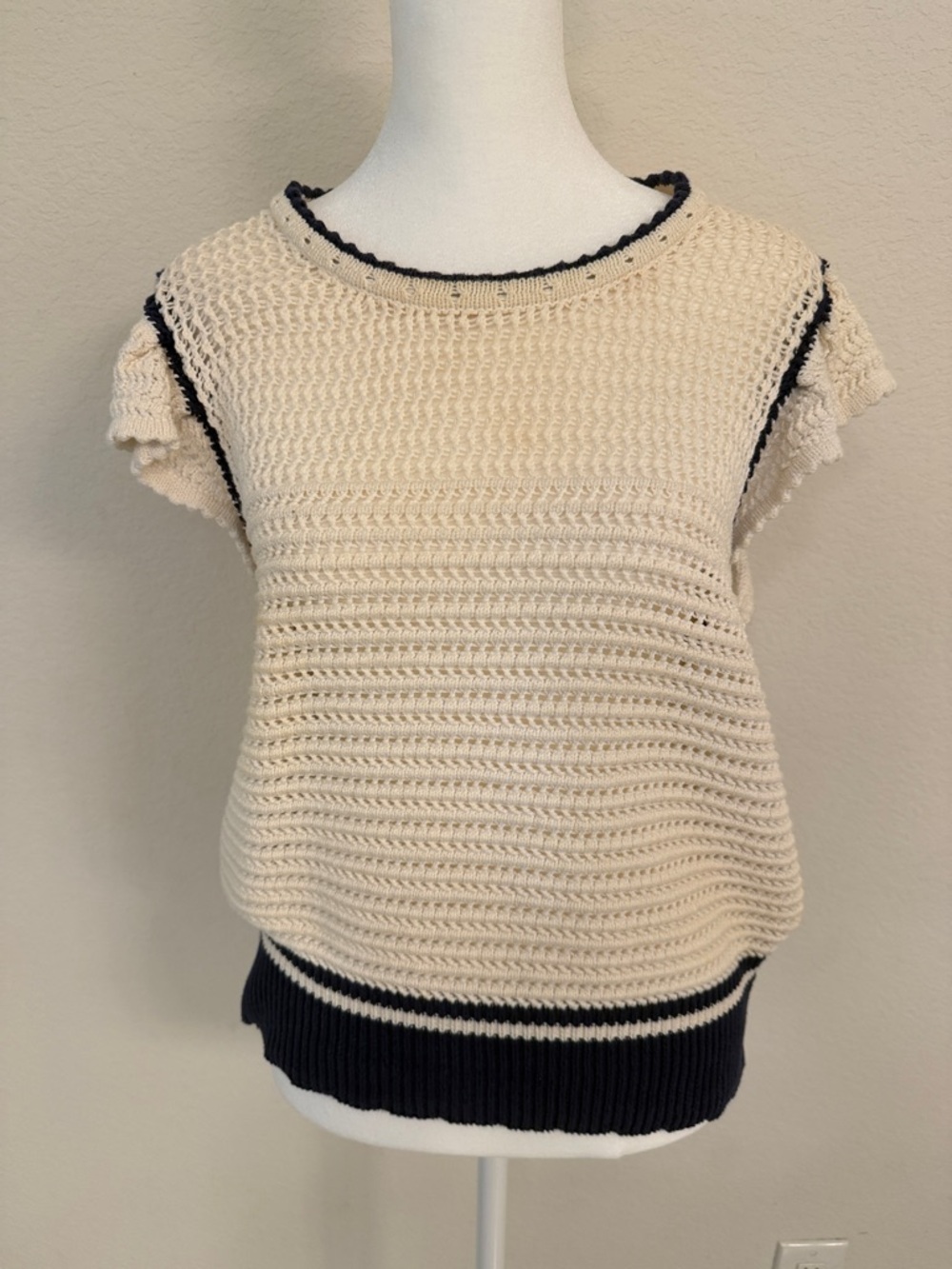 ME+EM Cream Crochet Top with Navy Edge